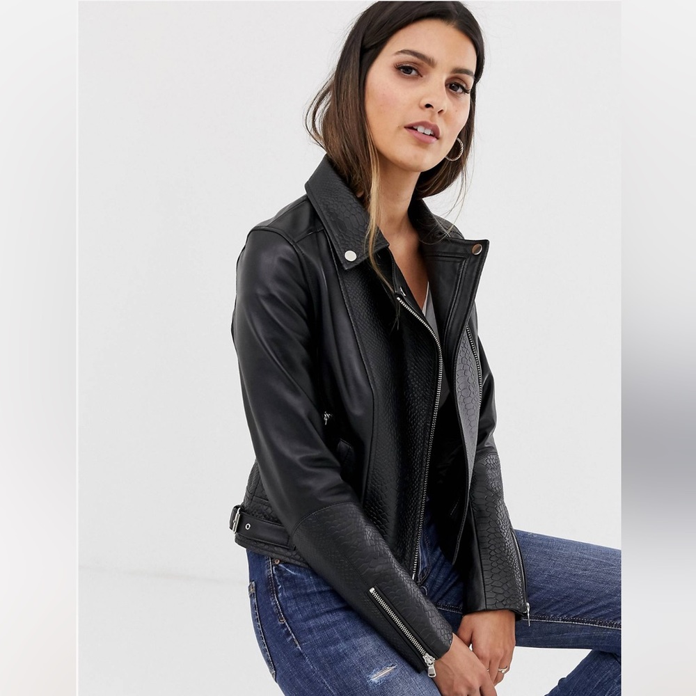 Barney's Originals leather biker jacket with mock croc panels